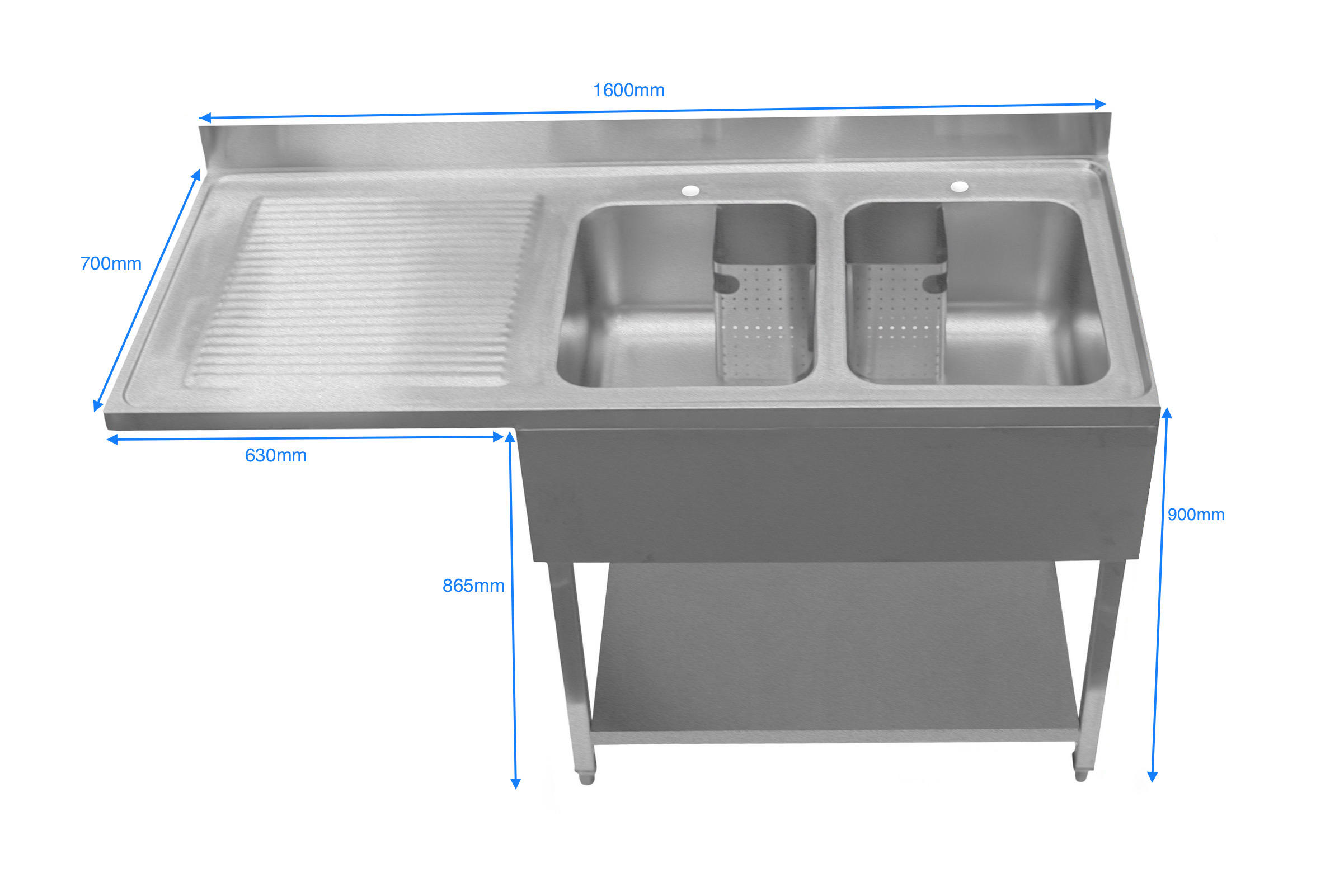 DWS1600LHD-Double Bowl Dishwasher Sink Left Hand Drainer - 1600mm